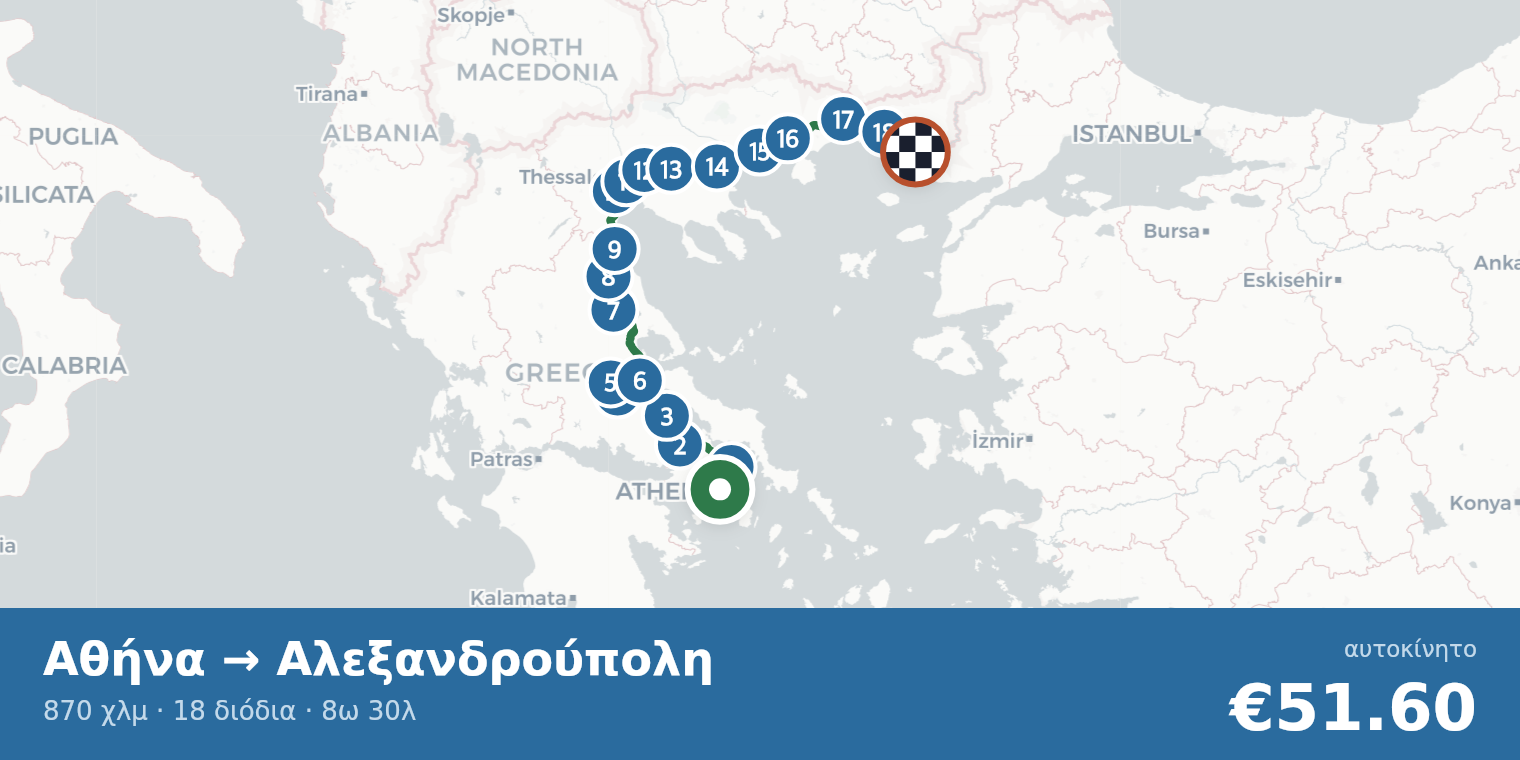 Χάρτης διαδρομής Αθήνα → Αλεξανδρούπολη με σημεία διοδίων