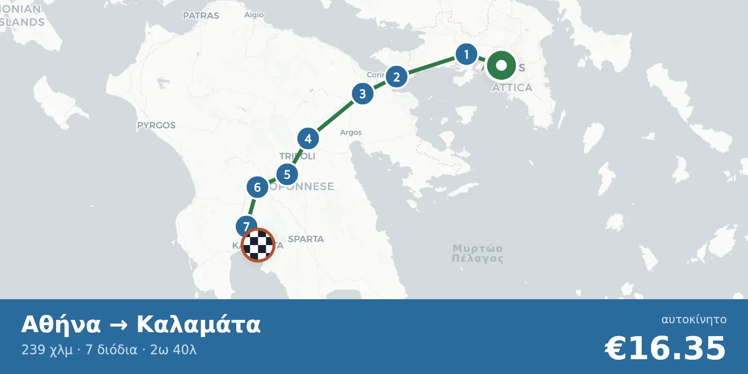 Χάρτης διαδρομής Αθήνα → Καλαμάτα με σημεία διοδίων