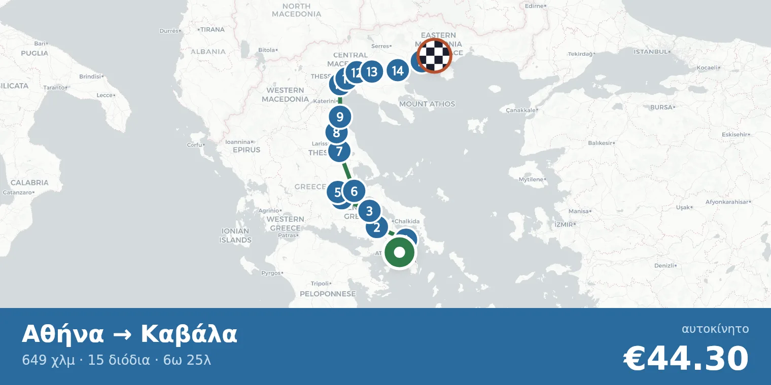Χάρτης διαδρομής Αθήνα → Καβάλα με σημεία διοδίων