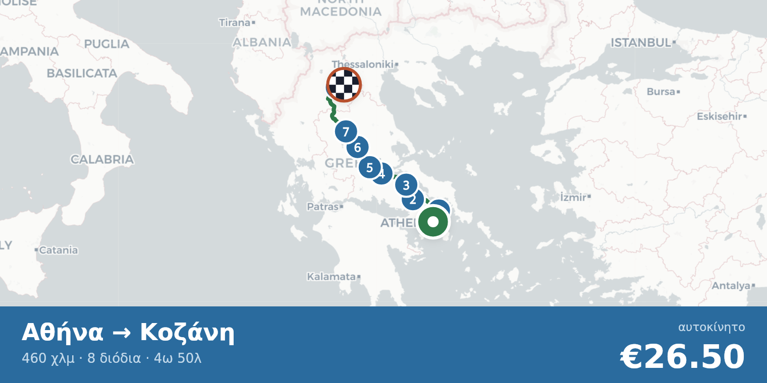 Χάρτης διαδρομής Αθήνα → Κοζάνη με σημεία διοδίων