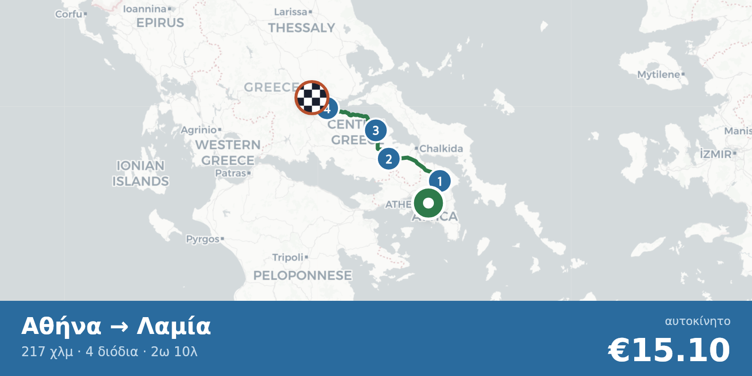 Χάρτης διαδρομής Αθήνα → Λαμία με σημεία διοδίων