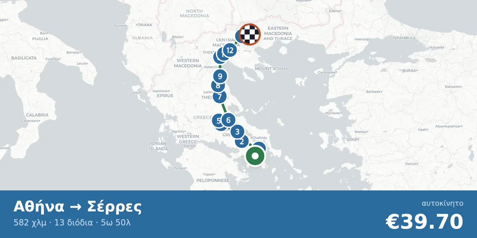Route map Athens → Serres with toll station locations