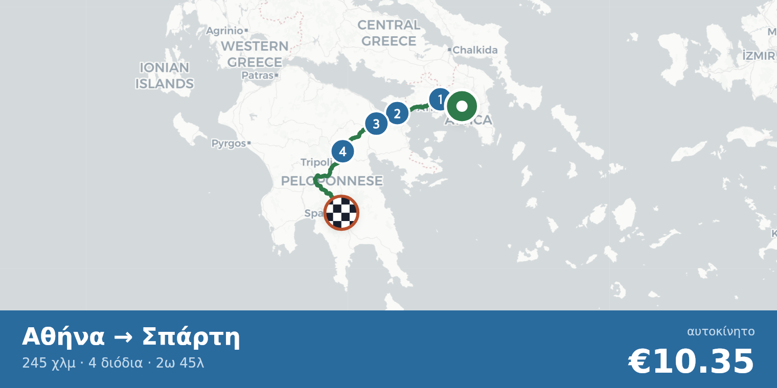 Χάρτης διαδρομής Αθήνα → Σπάρτη με σημεία διοδίων