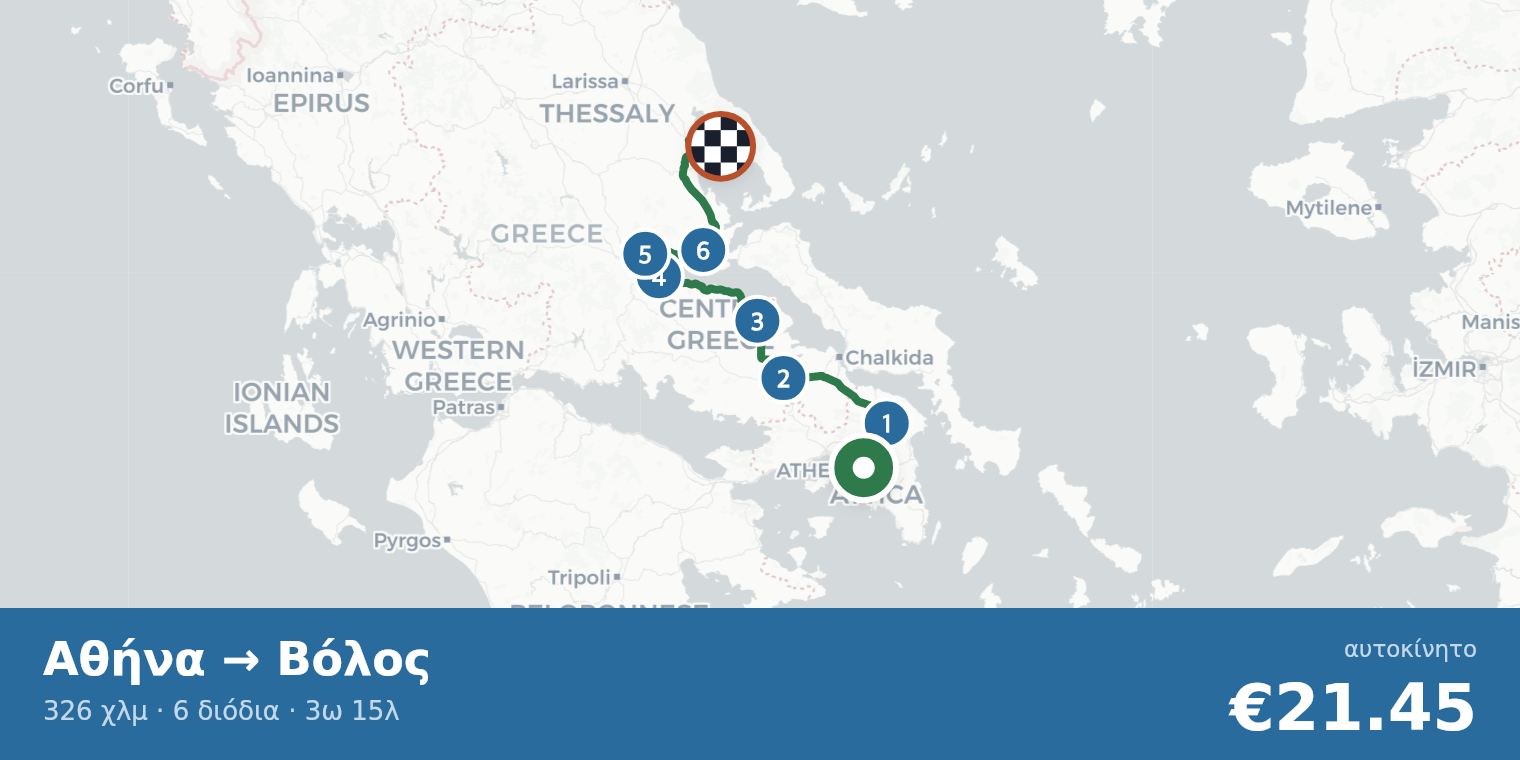 Χάρτης διαδρομής Αθήνα → Βόλος με σημεία διοδίων
