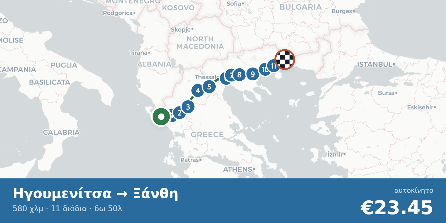 Χάρτης διαδρομής Ηγουμενίτσα → Ξάνθη με σημεία διοδίων