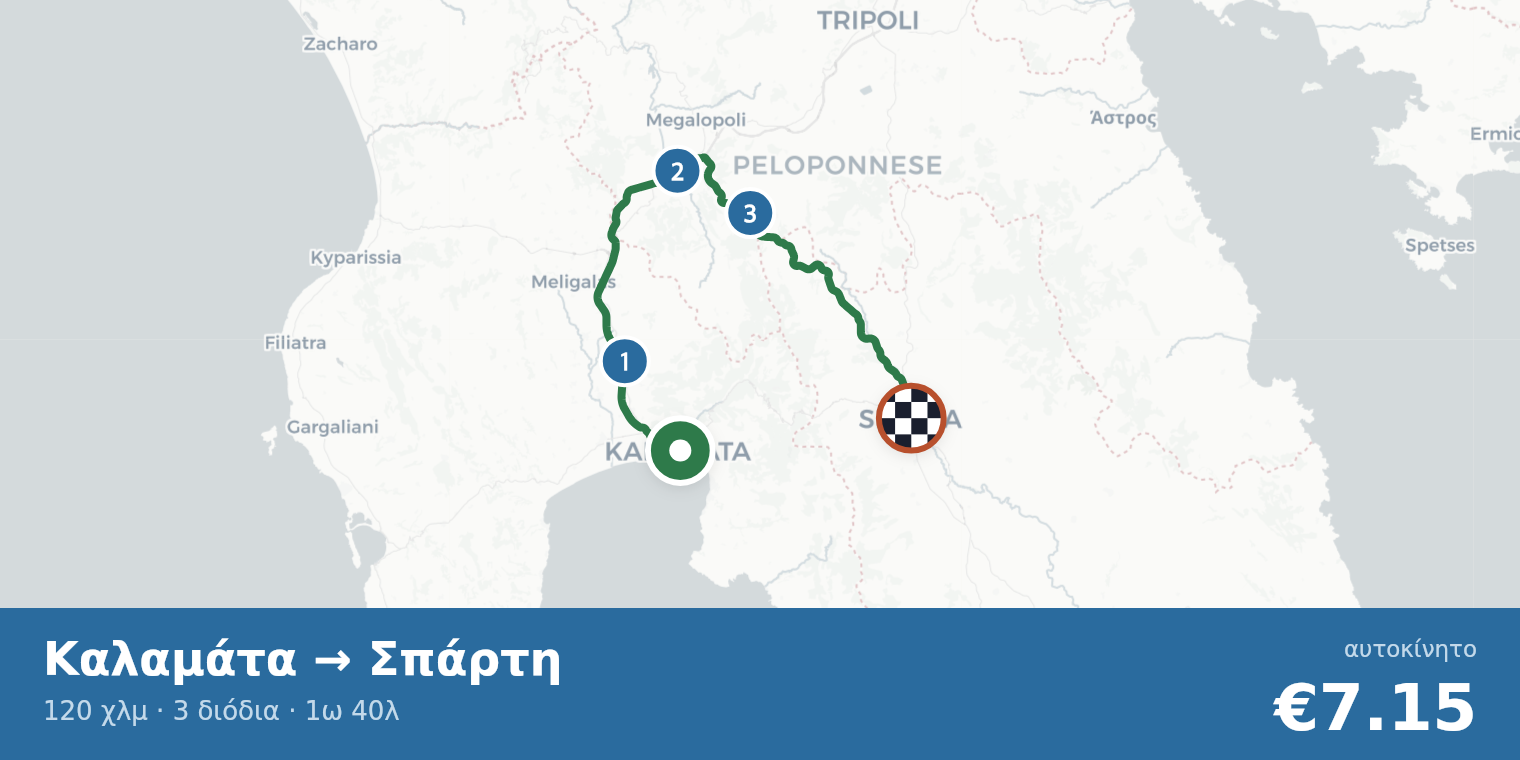 Χάρτης διαδρομής Καλαμάτα → Σπάρτη με σημεία διοδίων