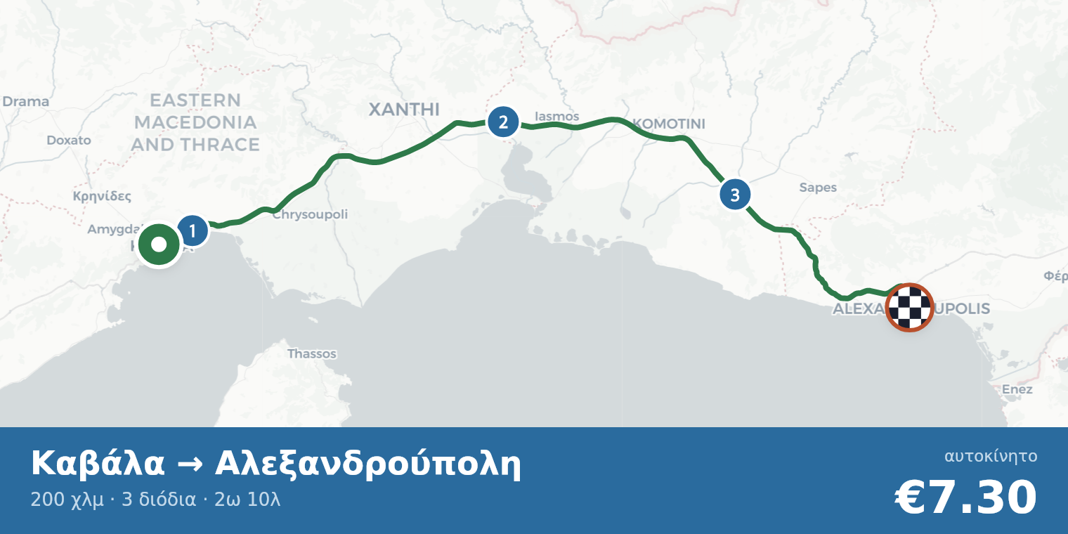 Χάρτης διαδρομής Καβάλα → Αλεξανδρούπολη με σημεία διοδίων