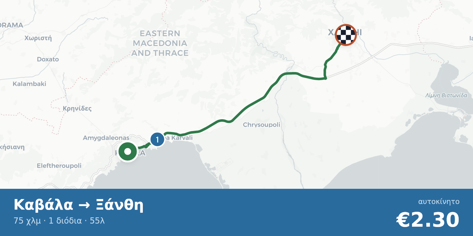 Χάρτης διαδρομής Καβάλα → Ξάνθη με σημεία διοδίων