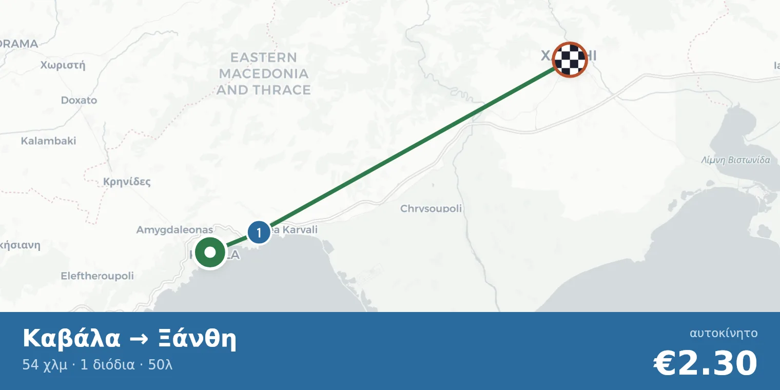 Route map Kavala → Xanthi with toll station locations