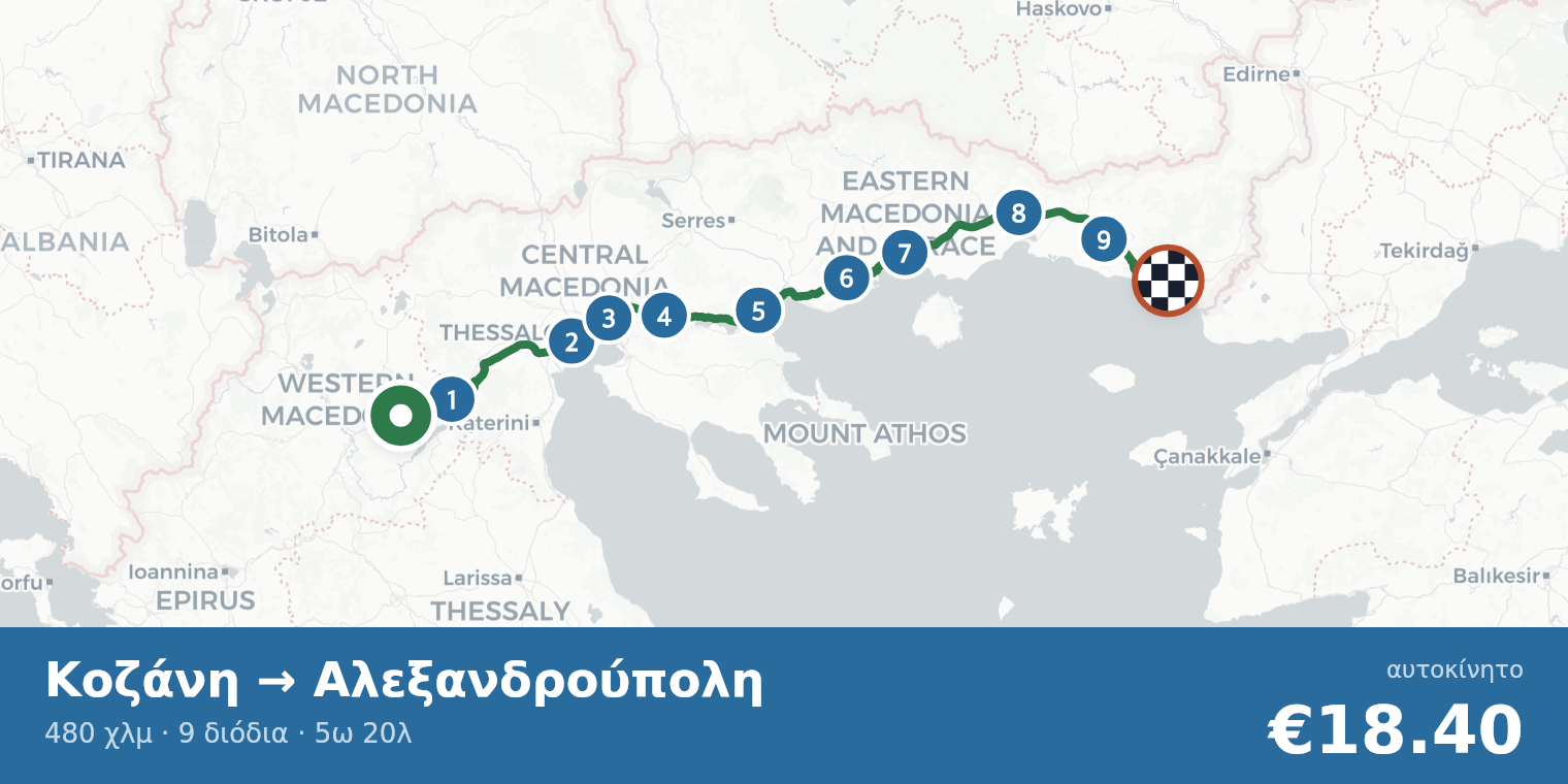 Χάρτης διαδρομής Κοζάνη → Αλεξανδρούπολη με σημεία διοδίων