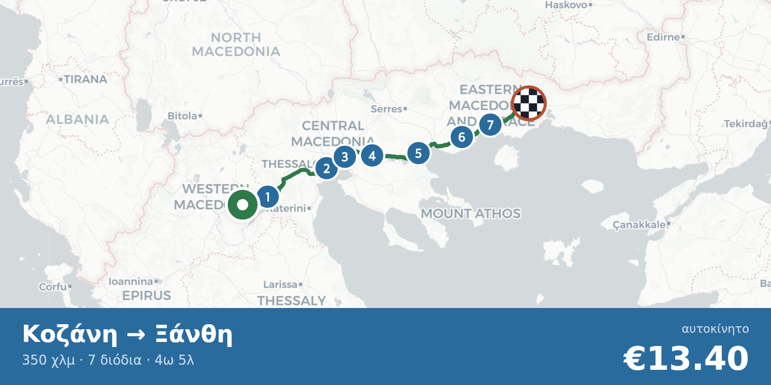 Χάρτης διαδρομής Κοζάνη → Ξάνθη με σημεία διοδίων
