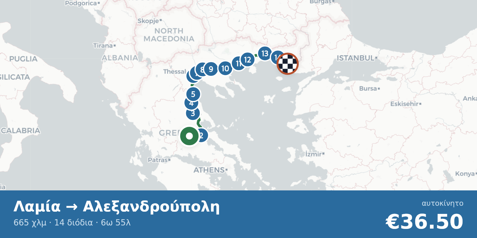 Χάρτης διαδρομής Λαμία → Αλεξανδρούπολη με σημεία διοδίων