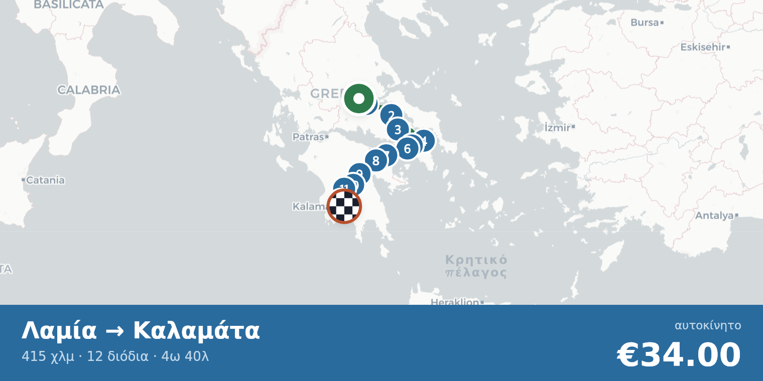 Χάρτης διαδρομής Λαμία → Καλαμάτα με σημεία διοδίων