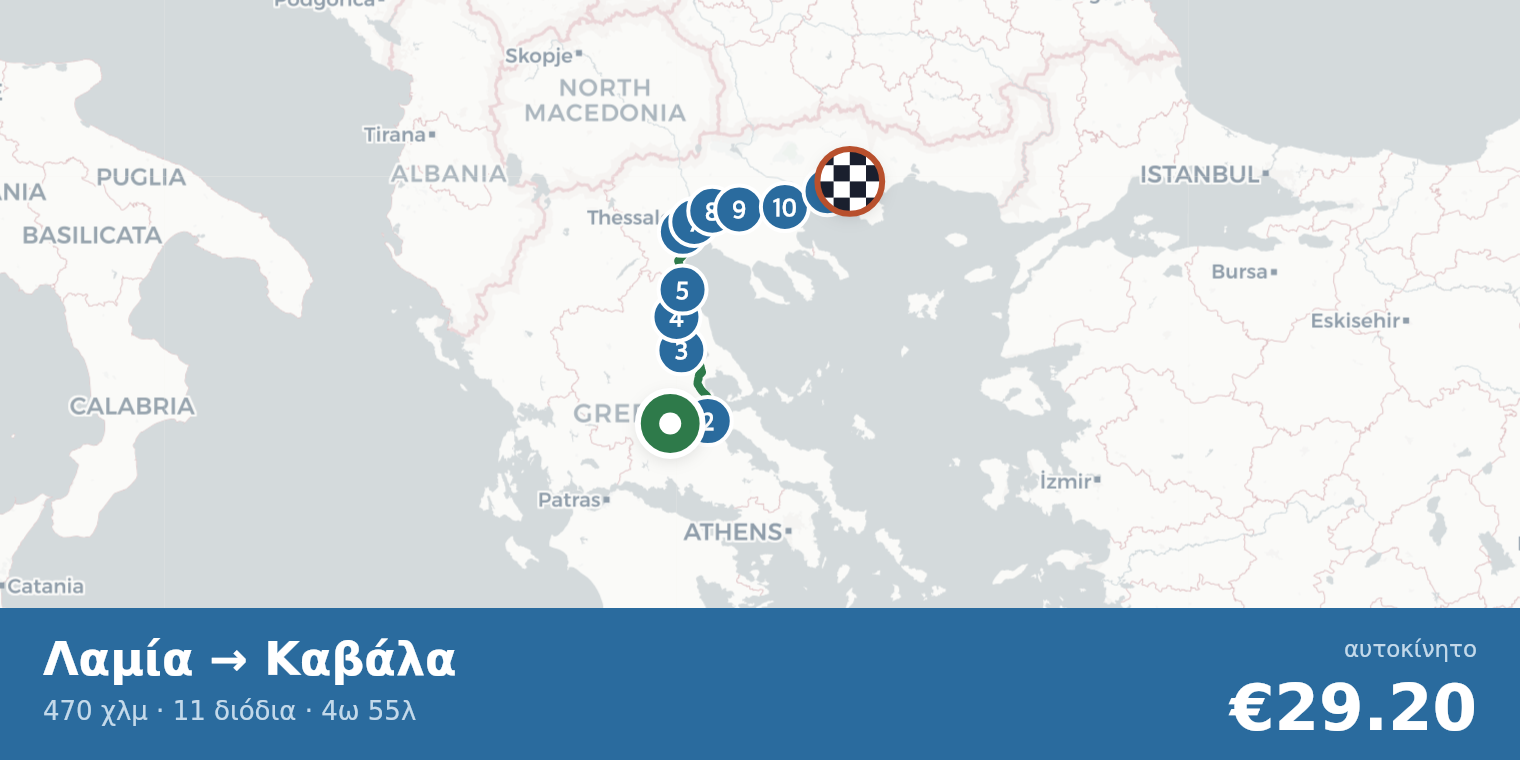 Χάρτης διαδρομής Λαμία → Καβάλα με σημεία διοδίων
