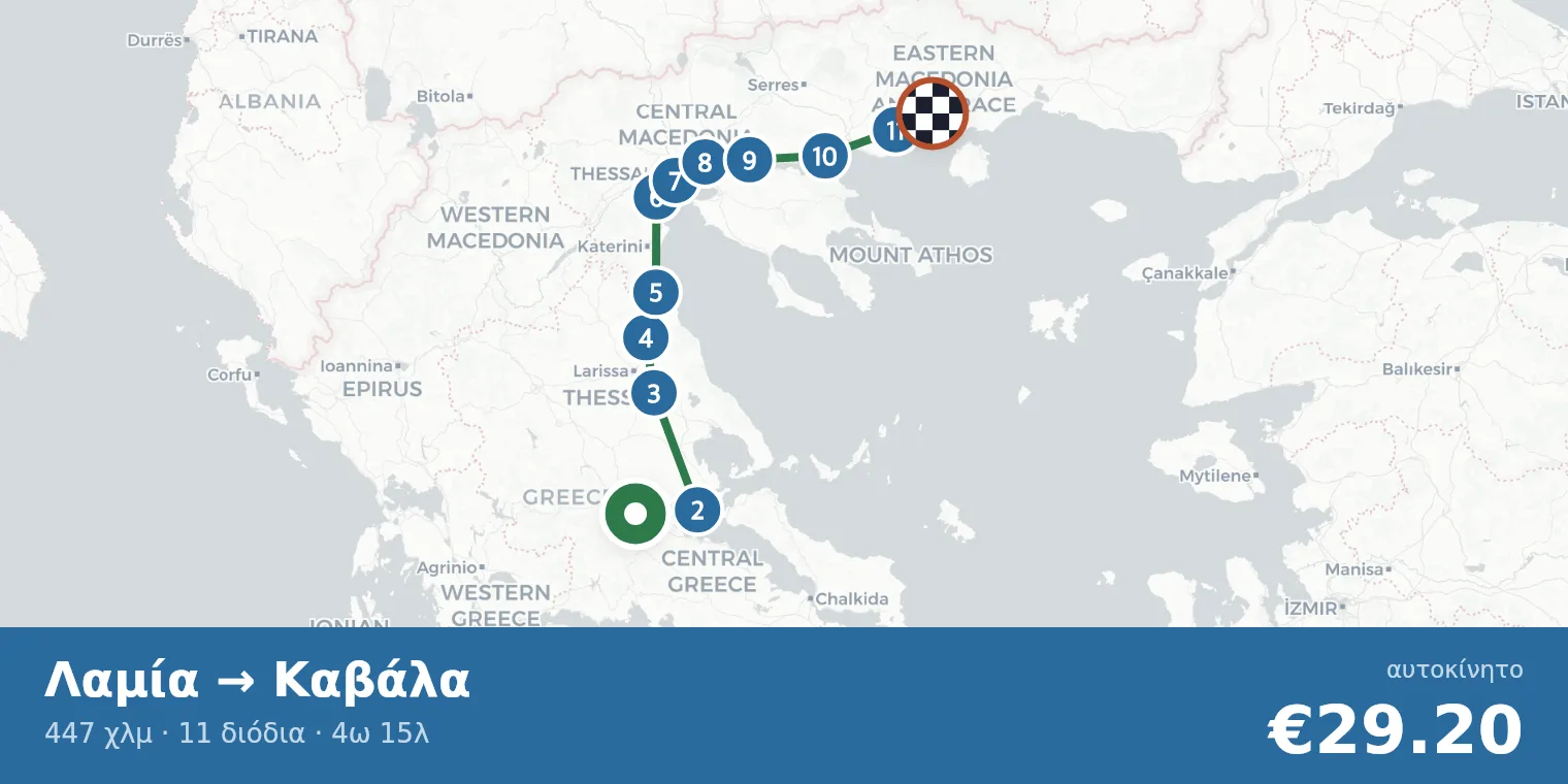 Χάρτης διαδρομής Λαμία → Καβάλα με σημεία διοδίων