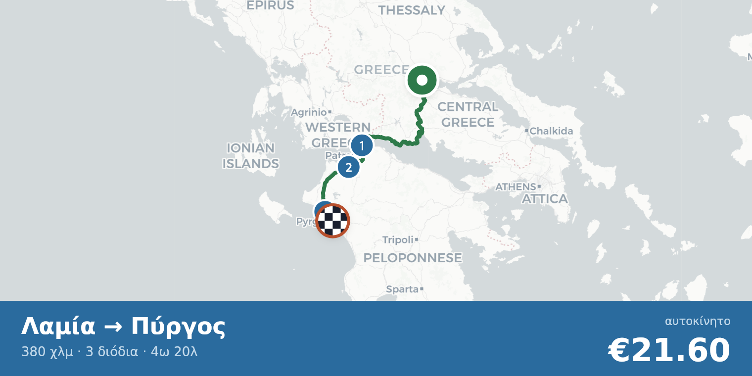 Χάρτης διαδρομής Λαμία → Πύργος με σημεία διοδίων