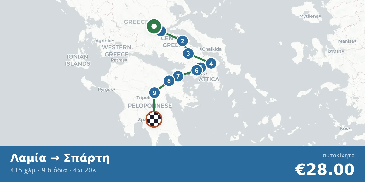 Χάρτης διαδρομής Λαμία → Σπάρτη με σημεία διοδίων