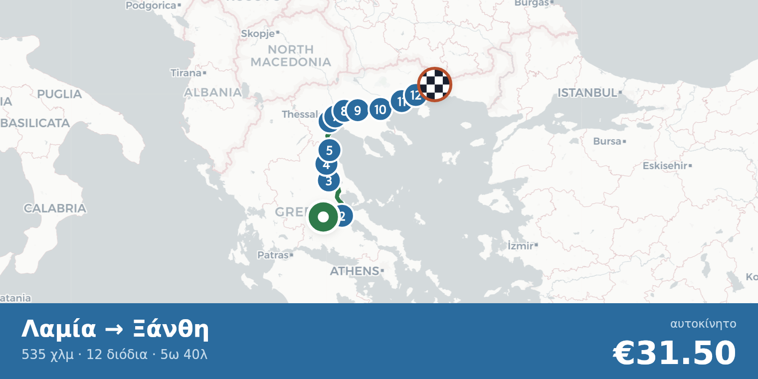 Χάρτης διαδρομής Λαμία → Ξάνθη με σημεία διοδίων