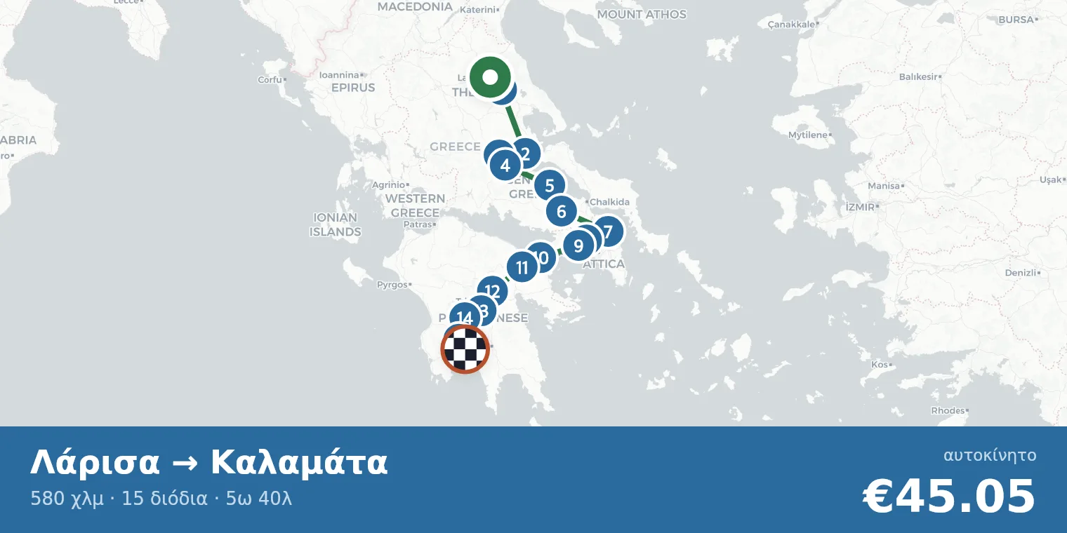 Χάρτης διαδρομής Λάρισα → Καλαμάτα με σημεία διοδίων