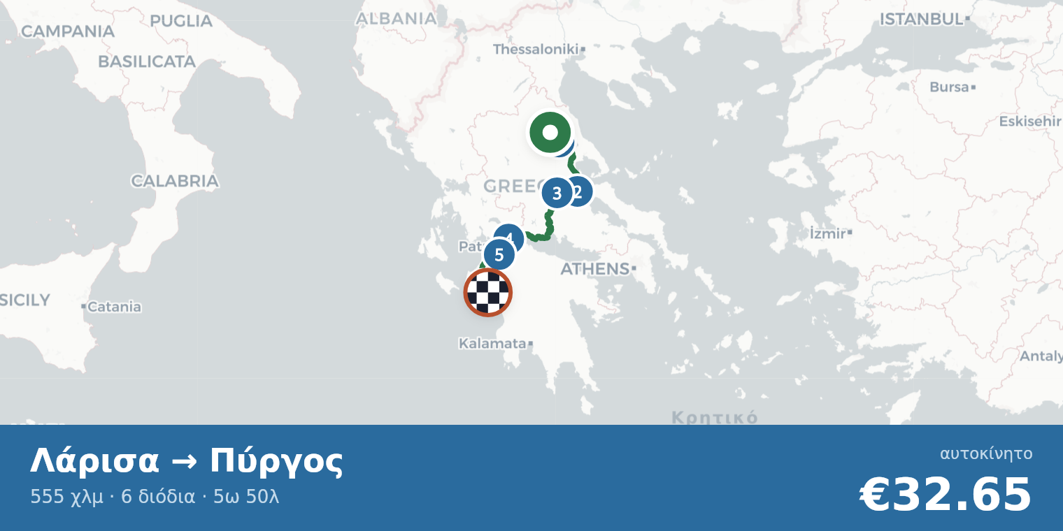 Χάρτης διαδρομής Λάρισα → Πύργος με σημεία διοδίων