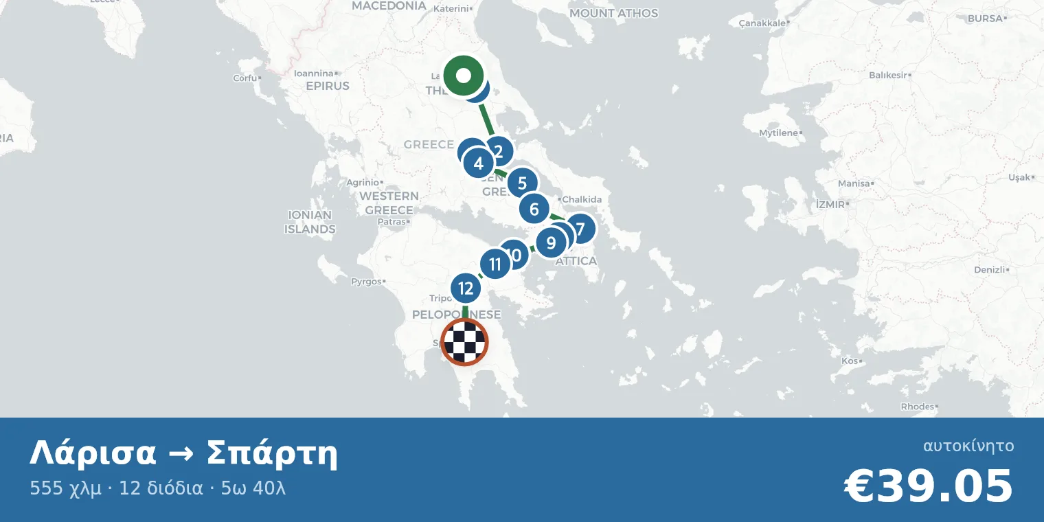 Χάρτης διαδρομής Λάρισα → Σπάρτη με σημεία διοδίων