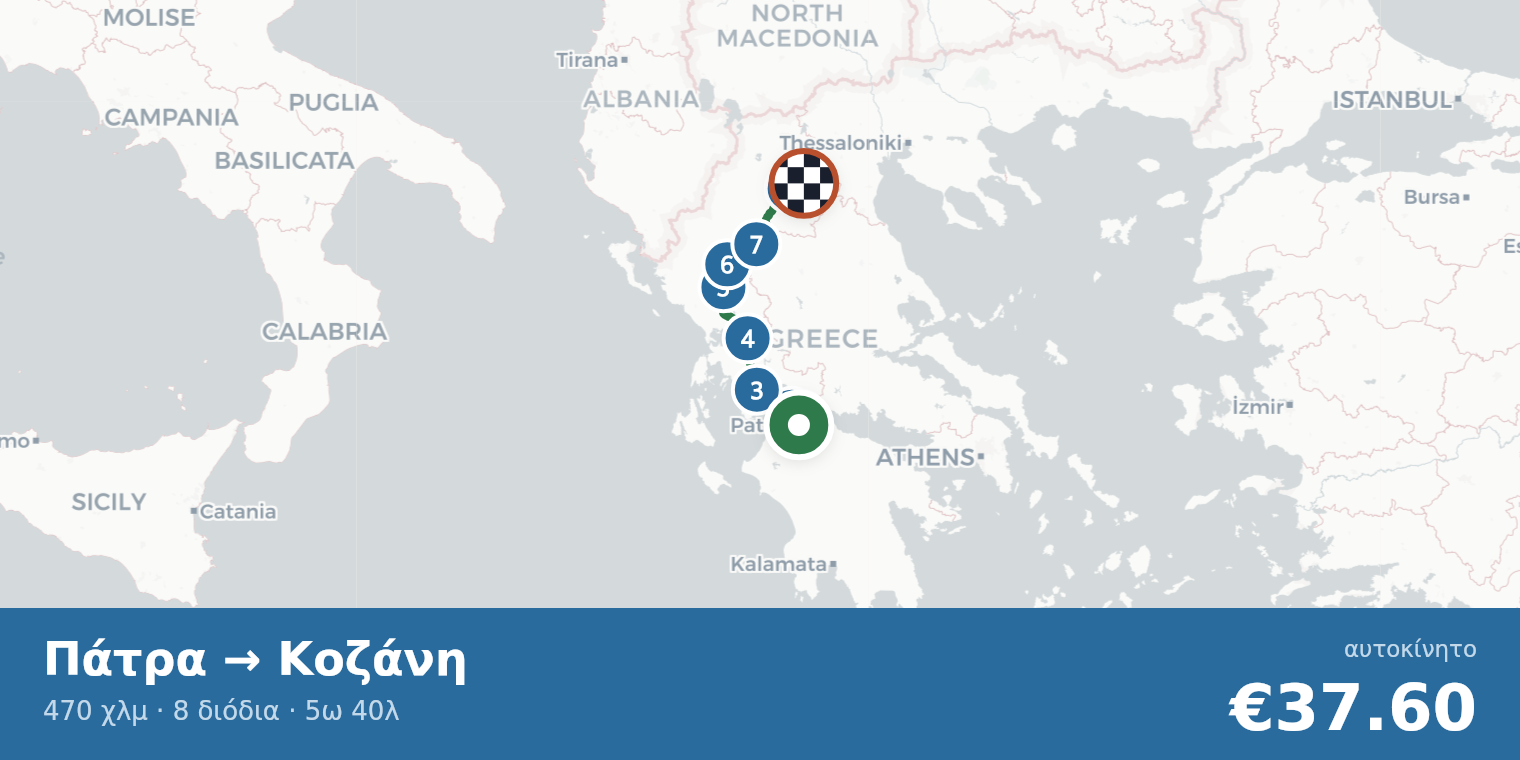 Χάρτης διαδρομής Πάτρα → Κοζάνη με σημεία διοδίων