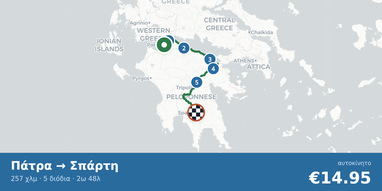 Χάρτης διαδρομής Πάτρα → Σπάρτη με σημεία διοδίων