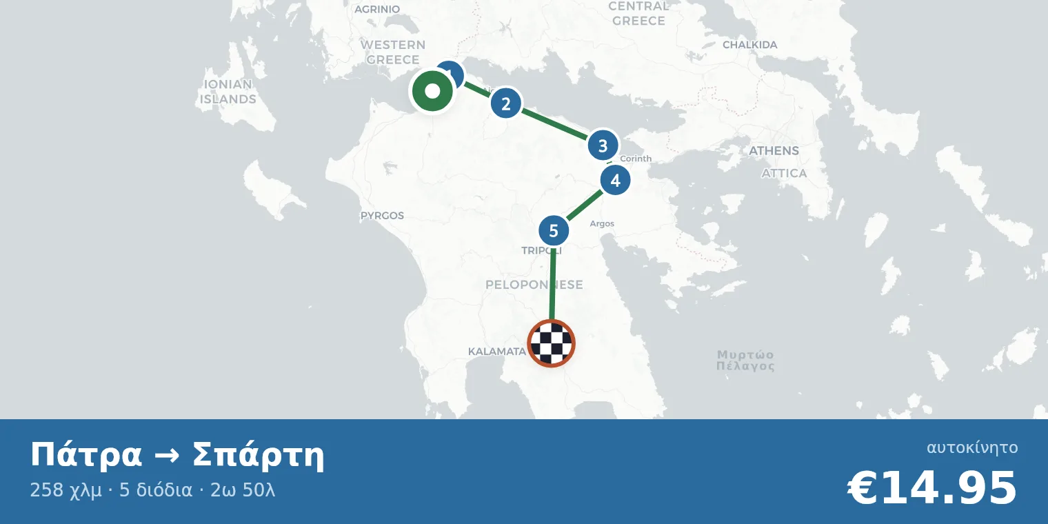 Χάρτης διαδρομής Πάτρα → Σπάρτη με σημεία διοδίων