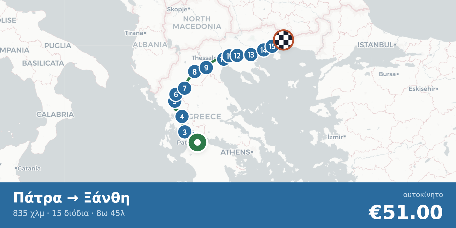 Χάρτης διαδρομής Πάτρα → Ξάνθη με σημεία διοδίων