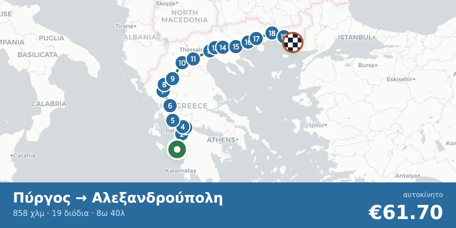 Χάρτης διαδρομής Πύργος → Αλεξανδρούπολη με σημεία διοδίων