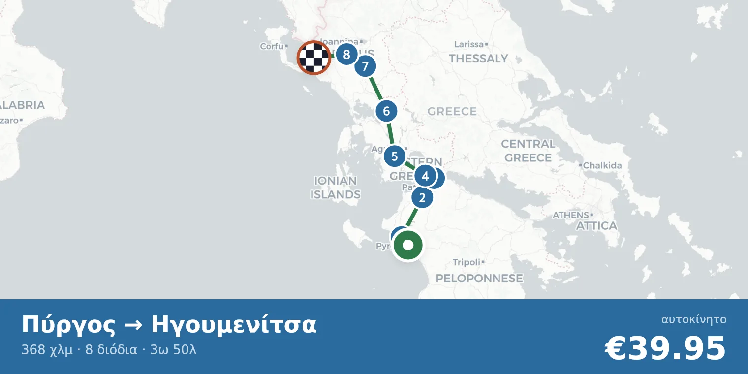 Χάρτης διαδρομής Πύργος → Ηγουμενίτσα με σημεία διοδίων