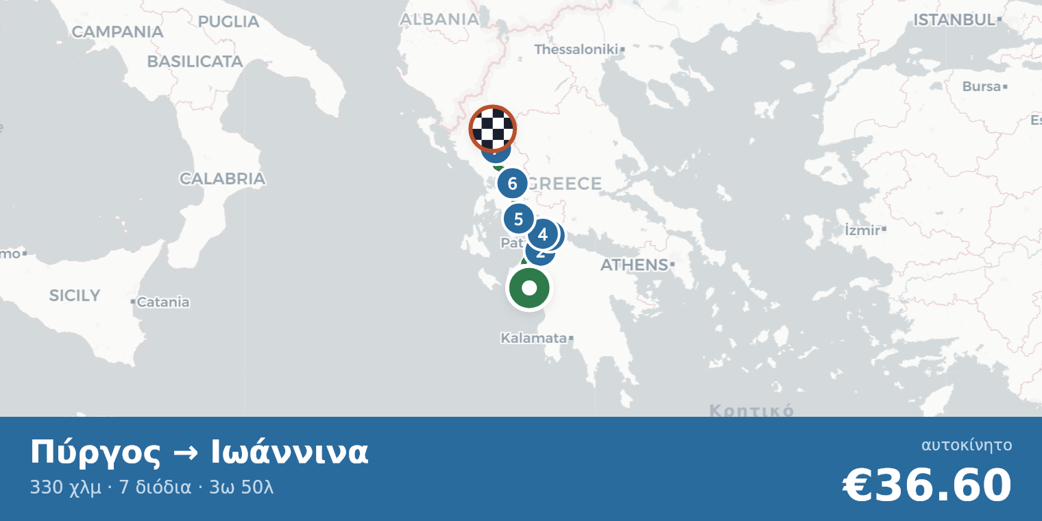 Χάρτης διαδρομής Πύργος → Ιωάννινα με σημεία διοδίων