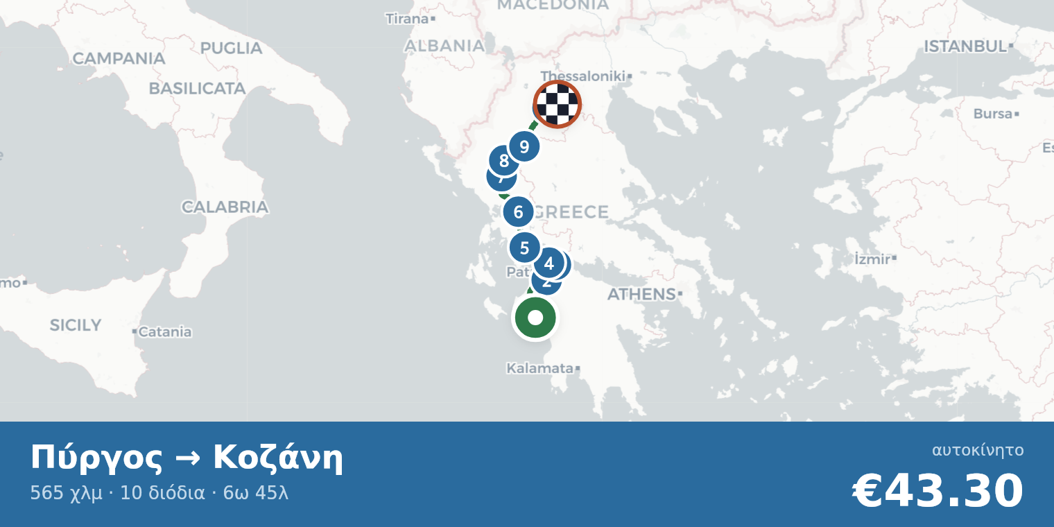 Χάρτης διαδρομής Πύργος → Κοζάνη με σημεία διοδίων