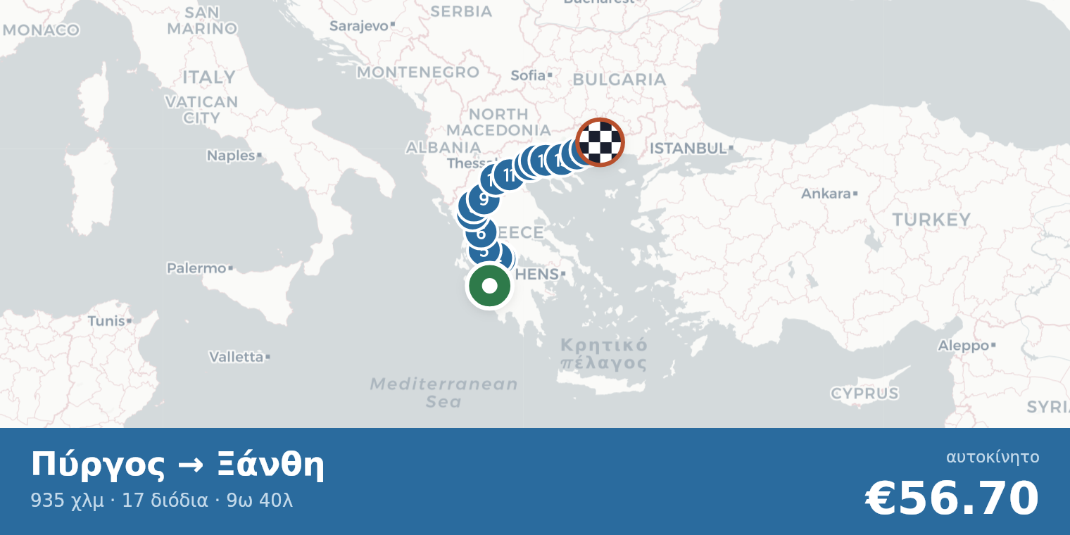 Χάρτης διαδρομής Πύργος → Ξάνθη με σημεία διοδίων