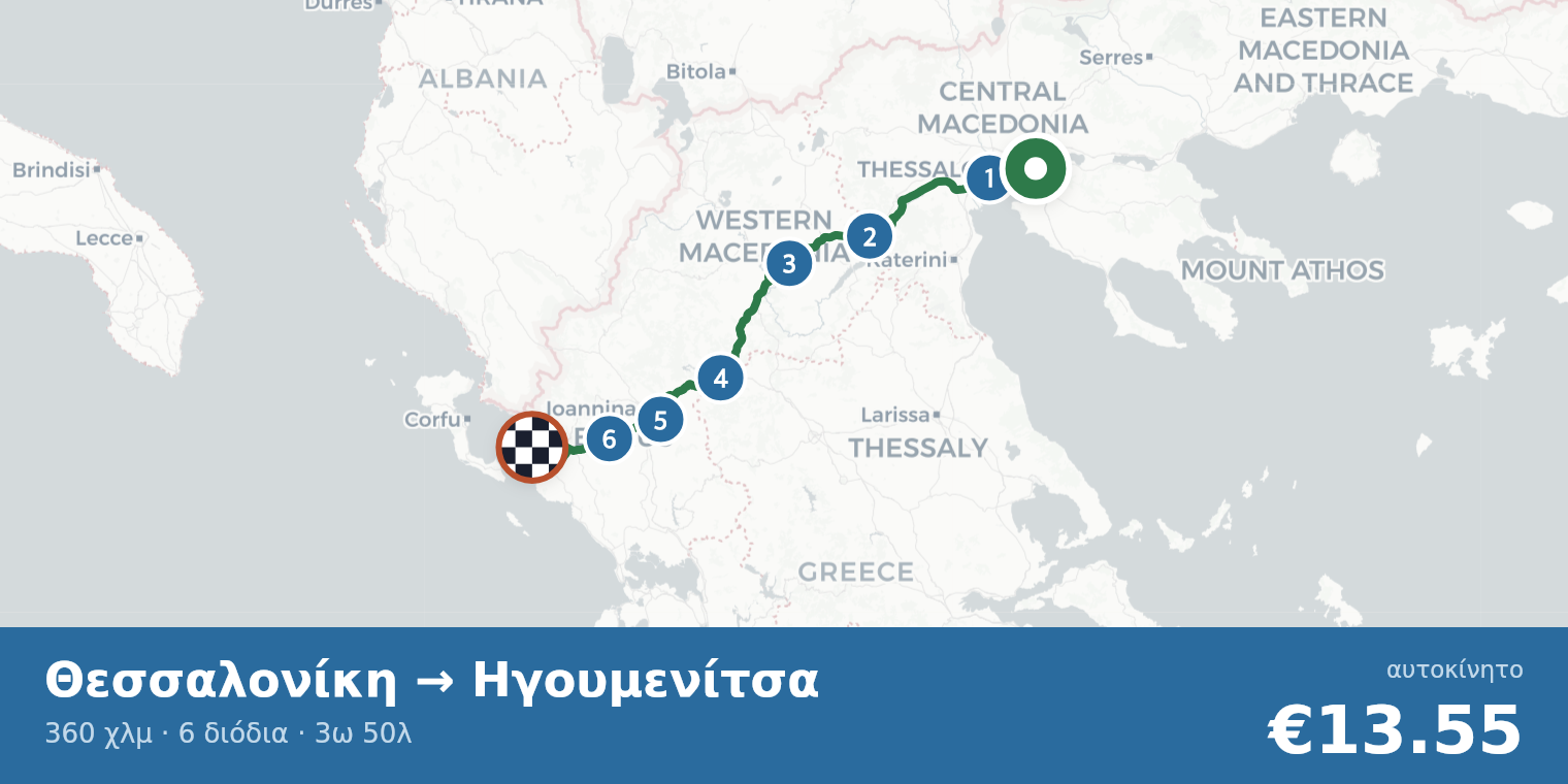 Χάρτης διαδρομής Θεσσαλονίκη → Ηγουμενίτσα με σημεία διοδίων