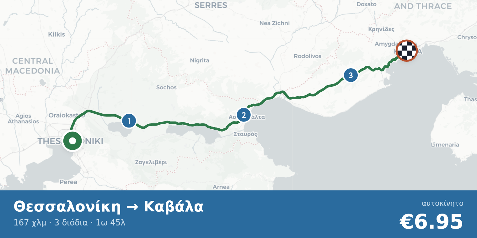 Χάρτης διαδρομής Θεσσαλονίκη → Καβάλα με σημεία διοδίων