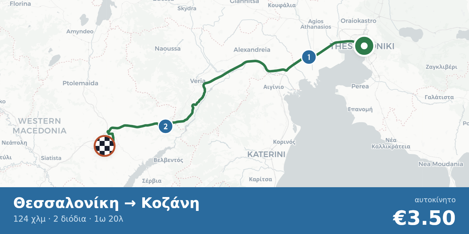 Χάρτης διαδρομής Θεσσαλονίκη → Κοζάνη με σημεία διοδίων