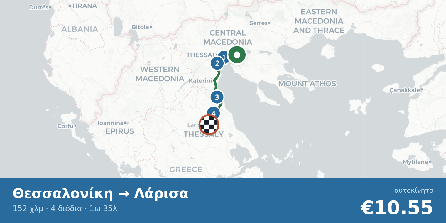 Χάρτης διαδρομής Θεσσαλονίκη → Λάρισα με σημεία διοδίων