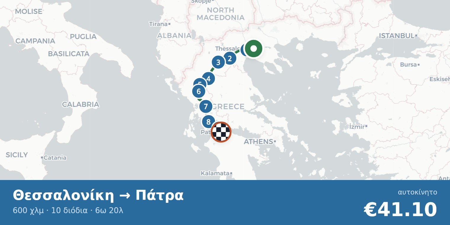 Χάρτης διαδρομής Θεσσαλονίκη → Πάτρα με σημεία διοδίων