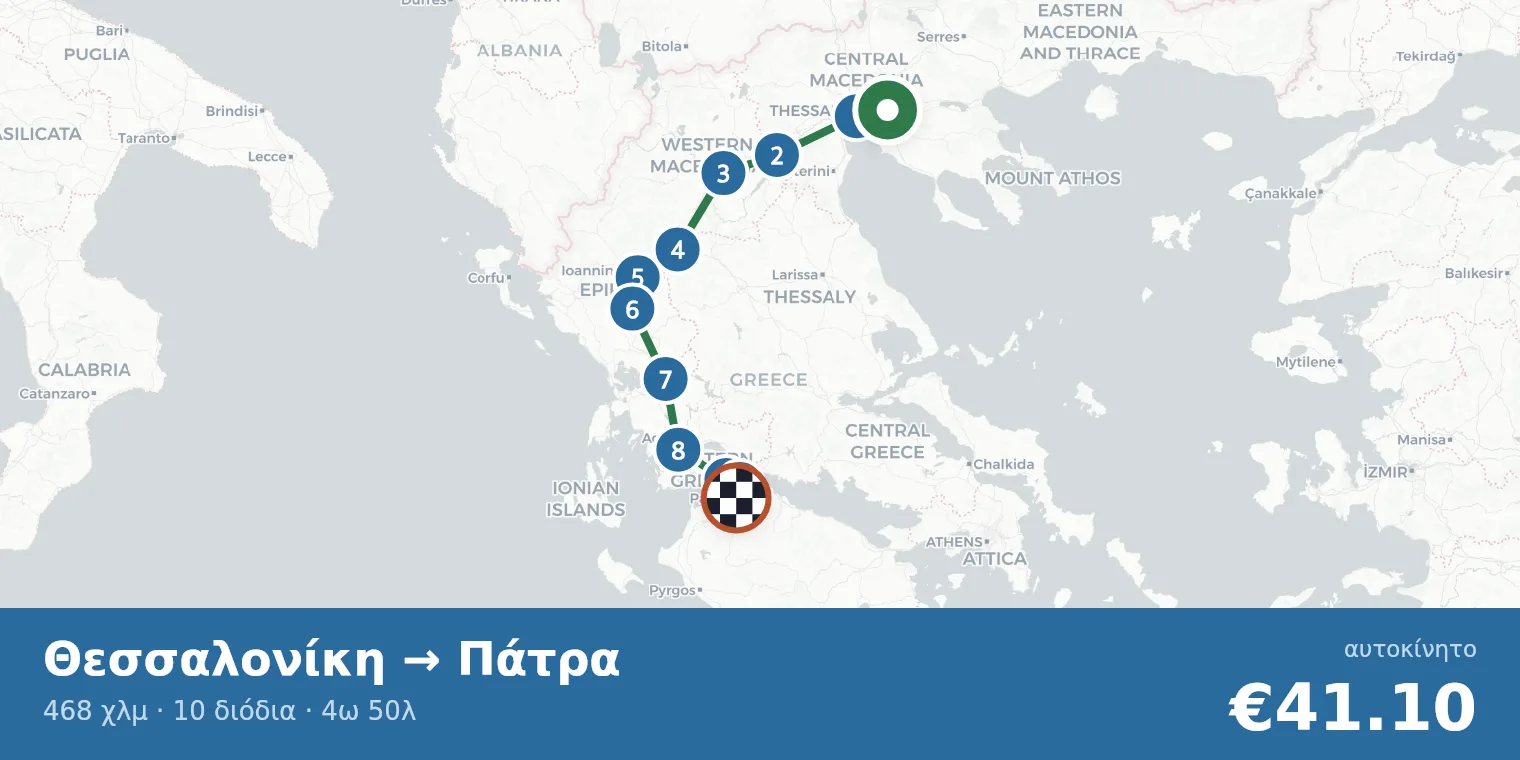 Χάρτης διαδρομής Θεσσαλονίκη → Πάτρα με σημεία διοδίων
