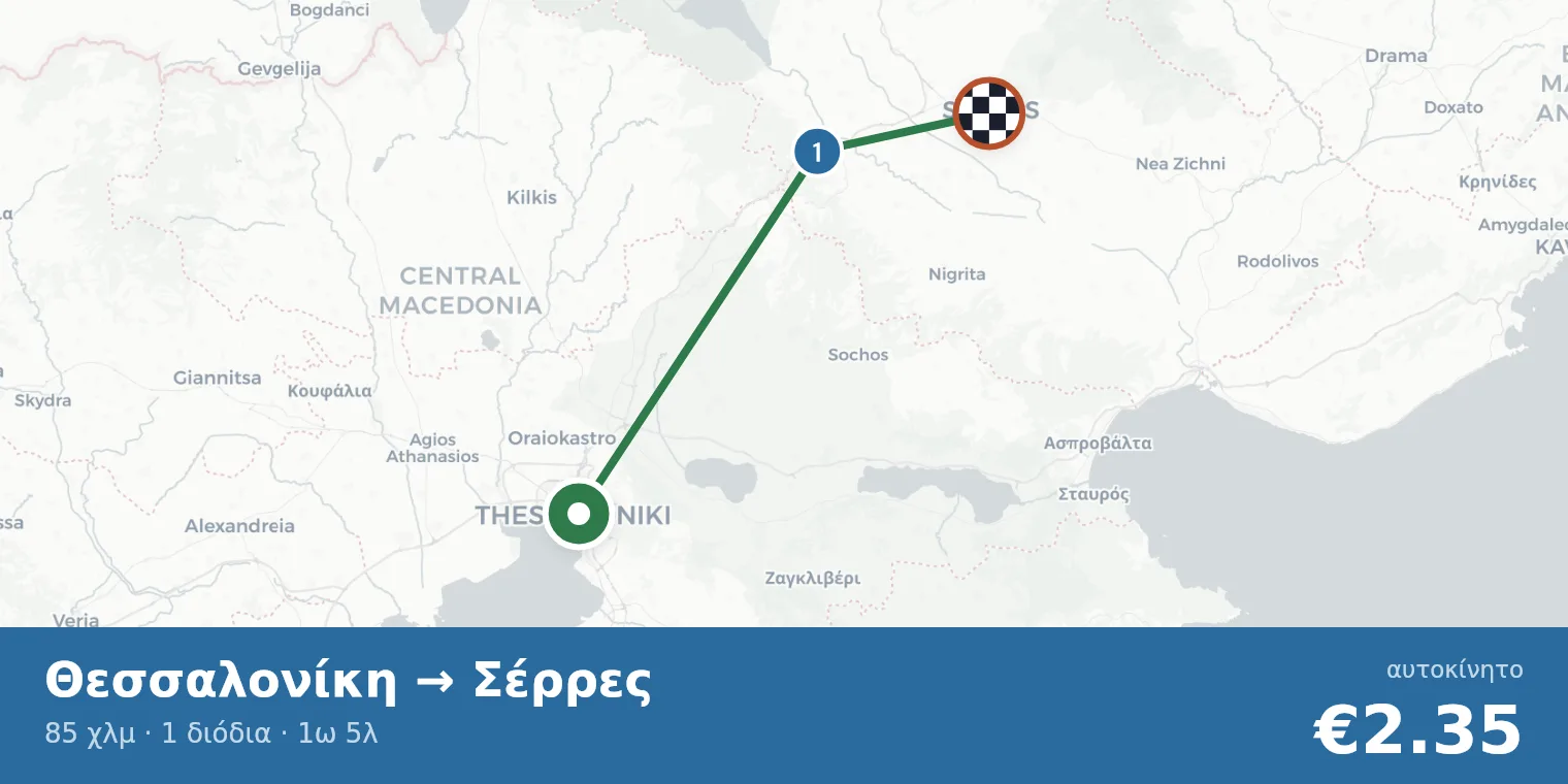 Route map Thessaloniki → Serres with toll station locations