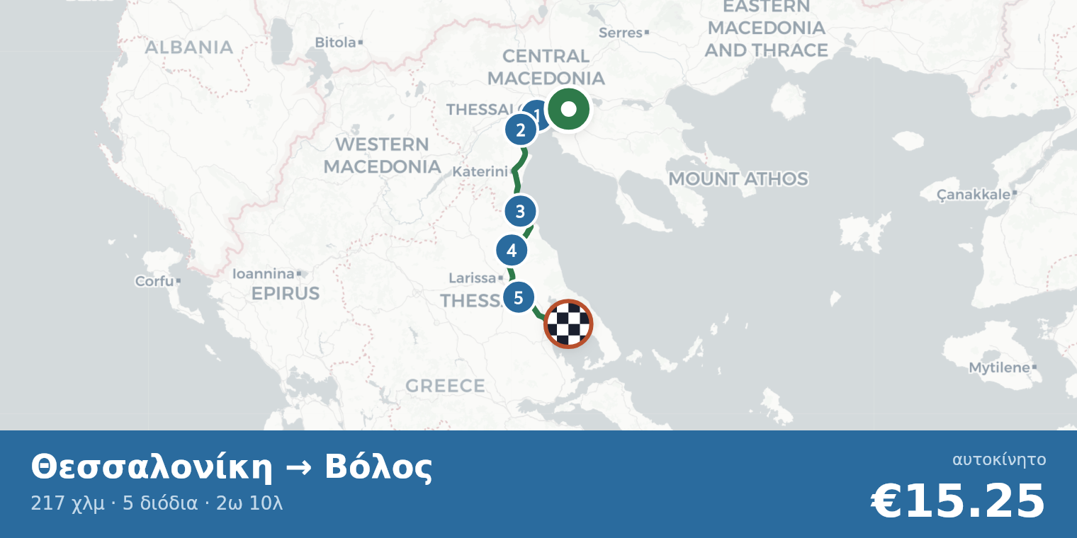 Χάρτης διαδρομής Θεσσαλονίκη → Βόλος με σημεία διοδίων