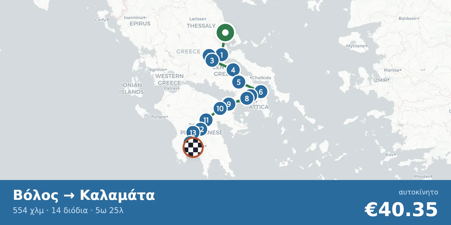 Χάρτης διαδρομής Βόλος → Καλαμάτα με σημεία διοδίων