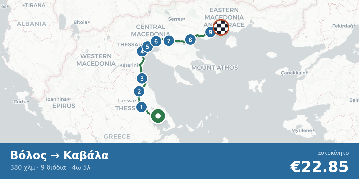 Χάρτης διαδρομής Βόλος → Καβάλα με σημεία διοδίων