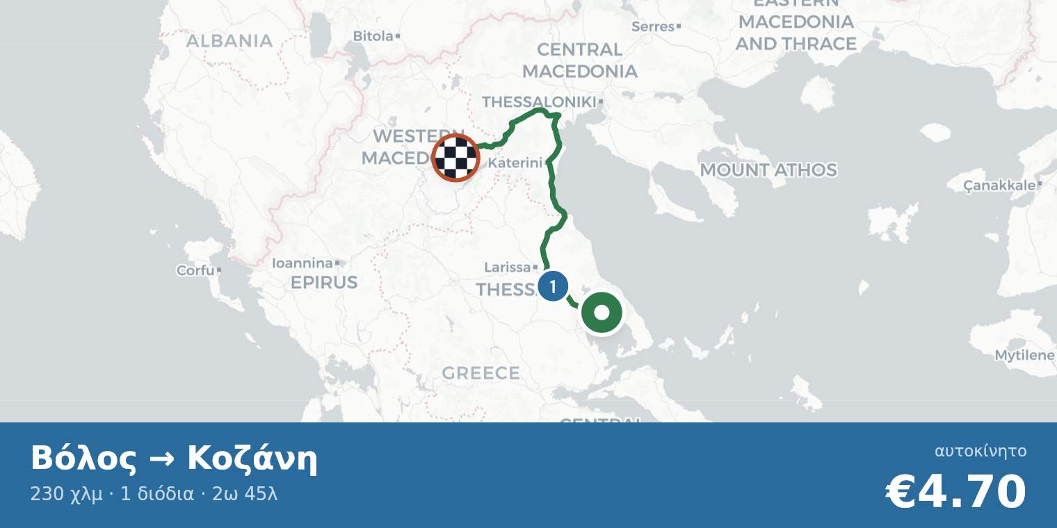 Χάρτης διαδρομής Βόλος → Κοζάνη με σημεία διοδίων