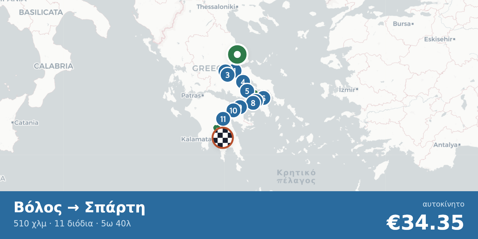 Χάρτης διαδρομής Βόλος → Σπάρτη με σημεία διοδίων