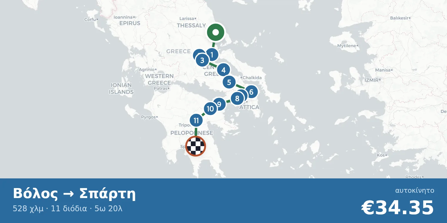 Χάρτης διαδρομής Βόλος → Σπάρτη με σημεία διοδίων