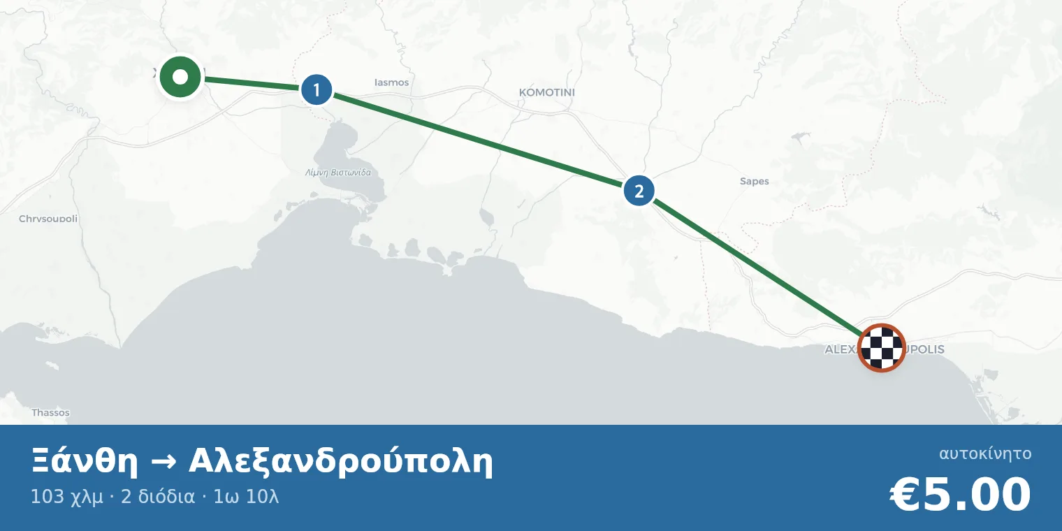 Route map Xanthi → Alexandroupoli with toll station locations